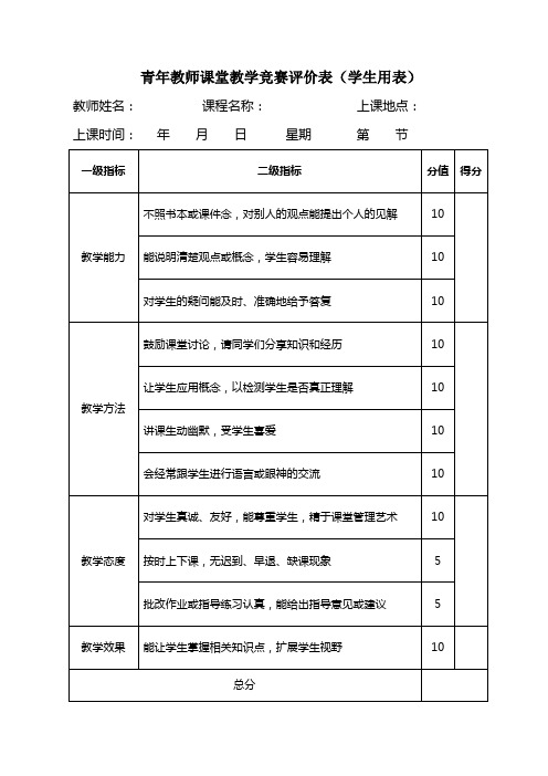 青年教师课堂教学竞赛评价表学生用表