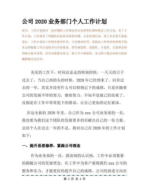 公司2020业务部门个人工作计划