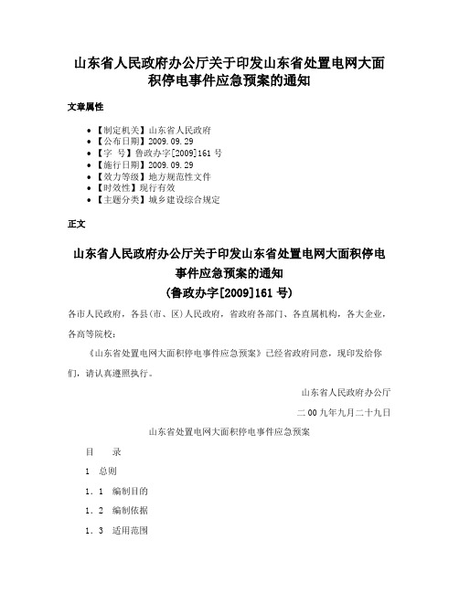 山东省人民政府办公厅关于印发山东省处置电网大面积停电事件应急预案的通知