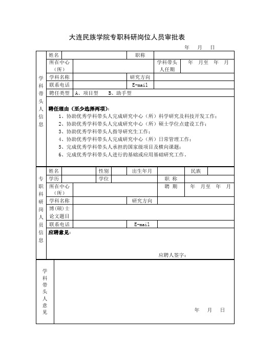 大连民族学院专职科研岗位人员审批表