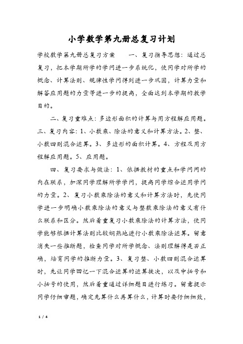 小学数学第九册总复习计划