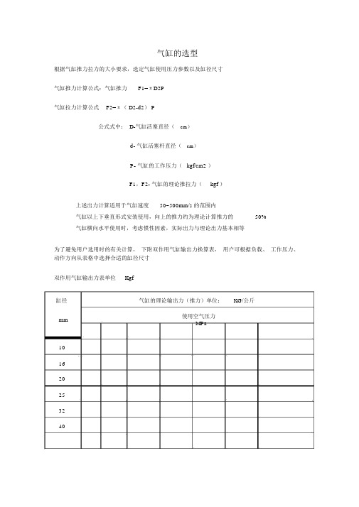 气缸选型对照标准标准表格.doc