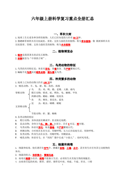 冀教版六年级上册科学复习重点汇总