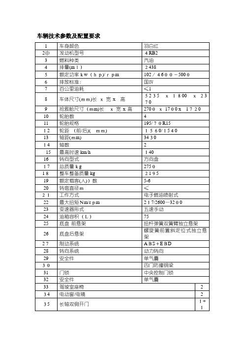 车辆技术参数配置要求