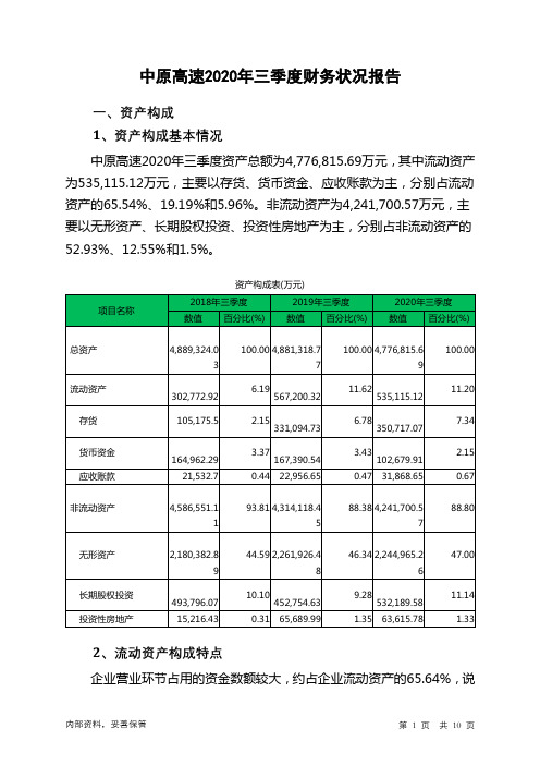 中原高速2020年三季度财务状况报告