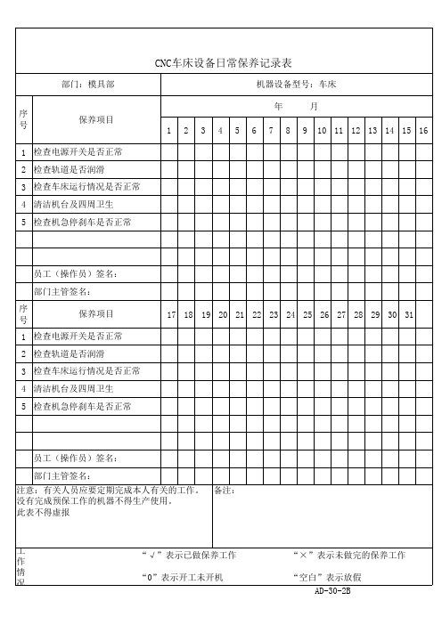 CNC车床设备日常保养记录表样板