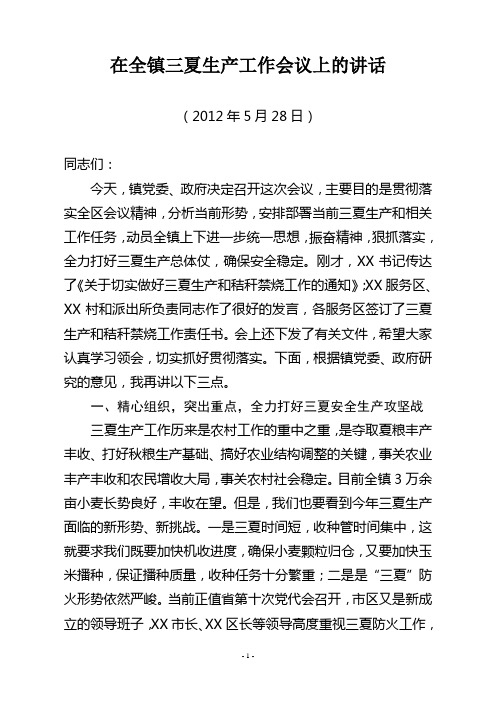 镇党委书记在全镇三夏生产和秸秆禁烧工作会议上的讲话