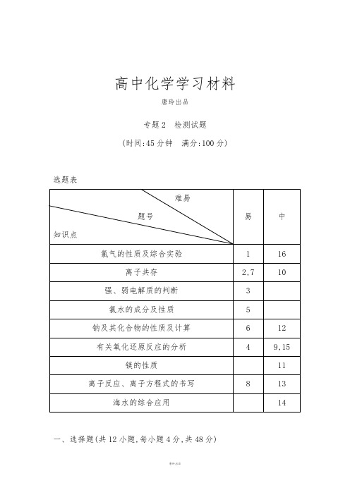 苏教版高中化学必修一专题2 检测试题.doc