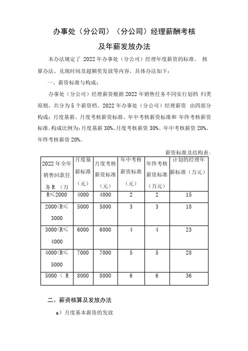 分公司或办事处经理年薪考核及发放方案