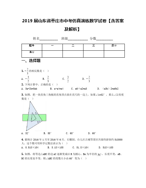 2019届山东省枣庄市中考仿真演练数学试卷【含答案及解析】