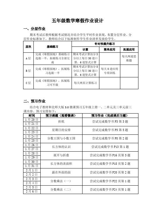 五年级数学寒假作业设计