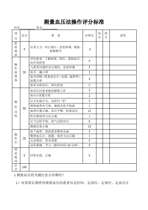 测量血压评分标准及操作流程图