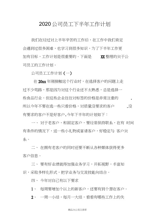 2020公司员工下半年工作计划