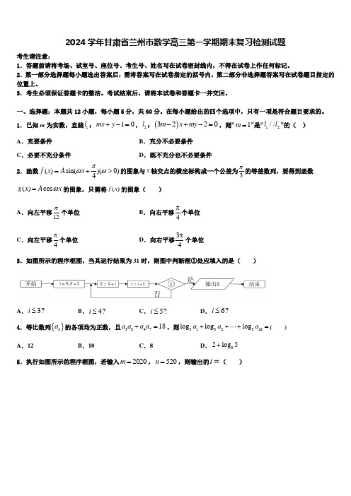 2024学年甘肃省兰州市数学高三第一学期期末复习检测试题含解析