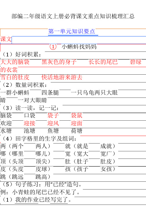 部编二年级语文上册必背课文重点知识梳理汇总