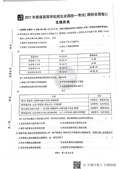 2017年全国高考1卷文综历史试题以及答案