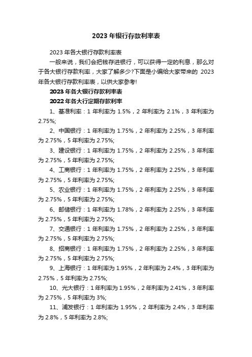 2023年银行存款利率表