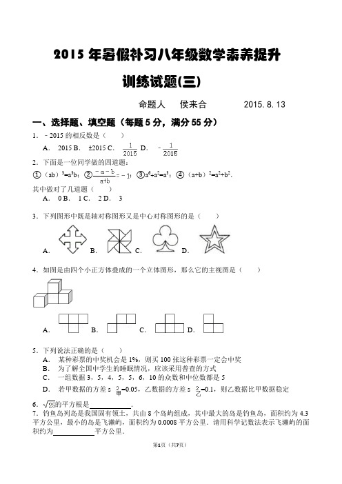 2015年暑假补习八年级数学素养提升训练试题及答案(四)