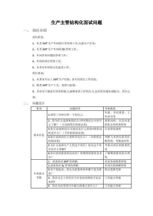 生产主管结构化面试问题