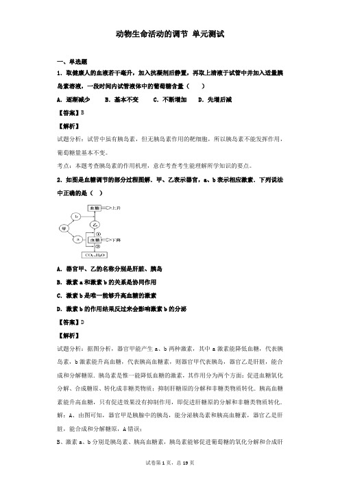 2019届浙科版  动物生命活动的调节 单元测试 (2)