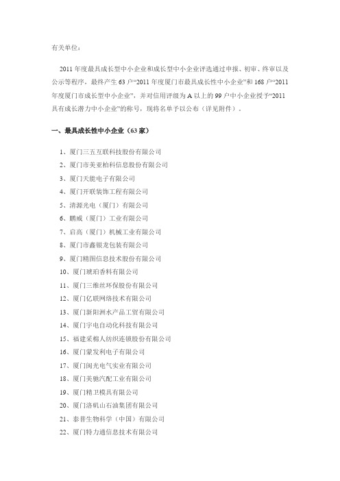 2011厦门最具成长型中小企业名单