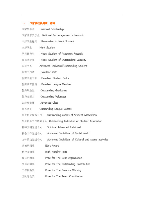 各种奖励及活动名称中英文对照