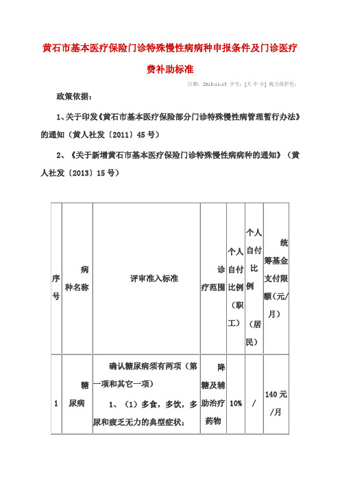 2019年黄石市基本医疗保险门诊特殊慢性病病种申报条件及门诊医疗费补助标准.doc