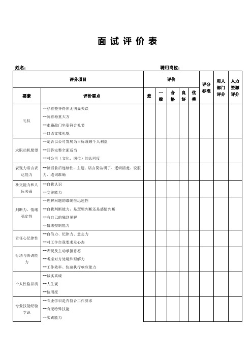 面试评价表(标准模版)