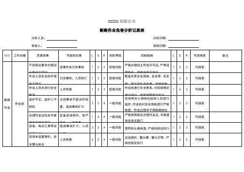 断路作业危害分析记录表-风险识别及评价