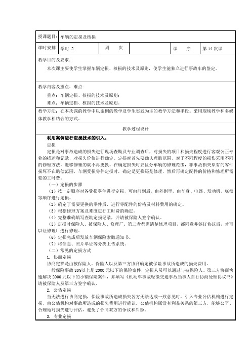 中职汽车类专业课程《汽车保险与理赔》教学设计教案《车辆的定损及核损》