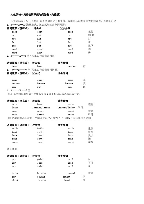 人教版初中英语动词不规则变化表(完整版)