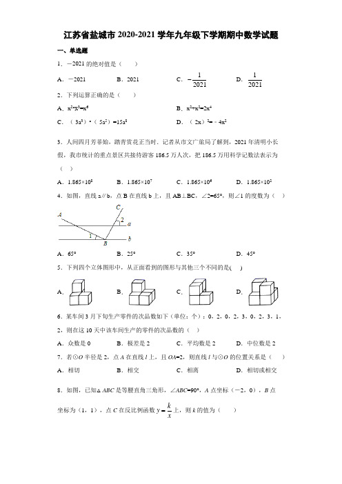 江苏省盐城市2020-2021学年九年级下学期期中数学试题(解析版)