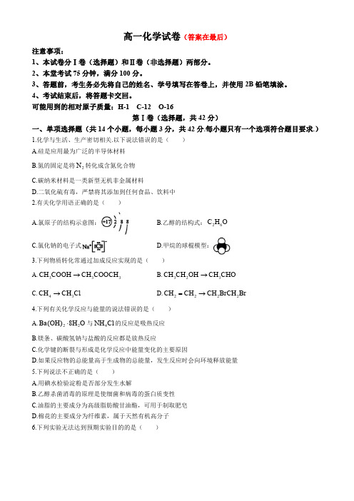 四川省成都2023-2024学年高一下学期6月期末分班考试化学试题含答案