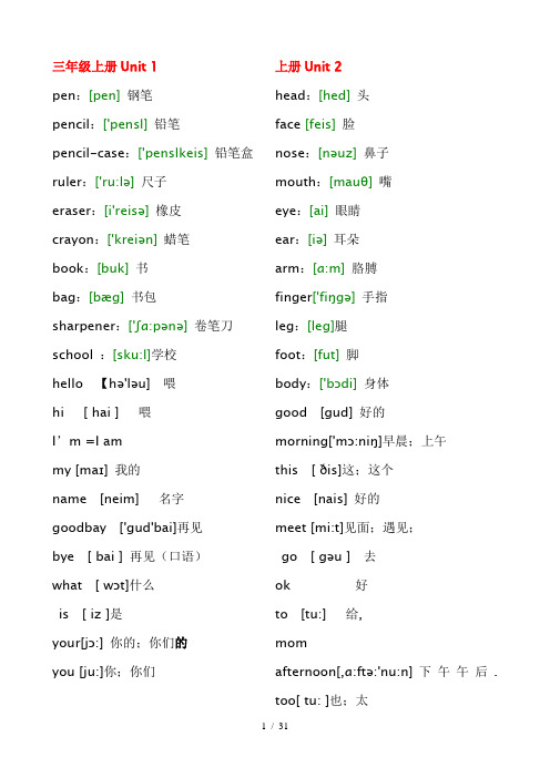 人教版PEP小学英语单词表(带音标)