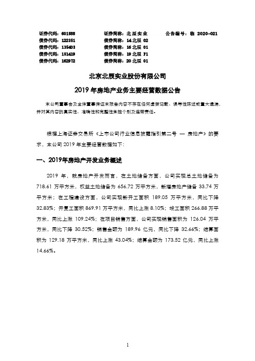 北辰实业：2019年房地产业务主要经营数据公告