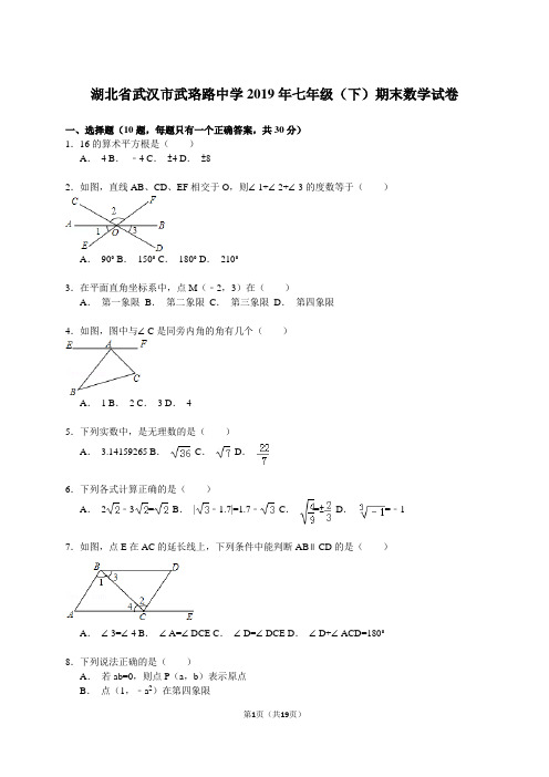 【解析版】武汉市武珞路中学2018-2019年七年级下期末数学试卷