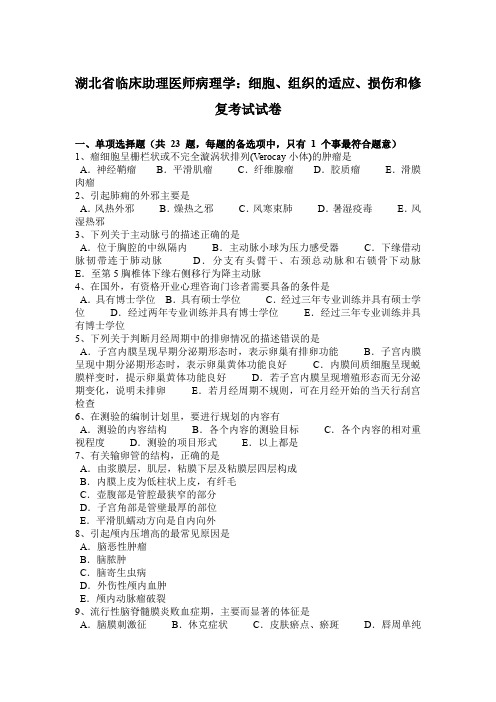 湖北省临床助理医师病理学：细胞、组织的适应、损伤和修复考试试卷