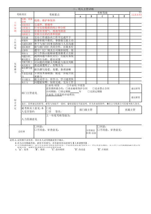 实验员人员绩效考核表