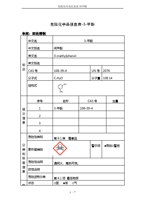 危险化学品信息表-间甲酚