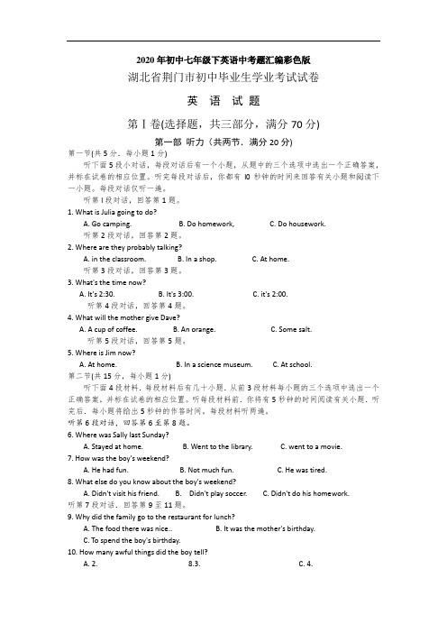 2020年初中七年级下英语中考题汇编彩色版 湖北荆门中考