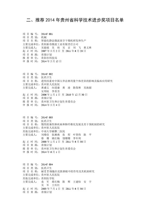 二、推荐2014年贵州省科学技术进步奖申报项目名单doc