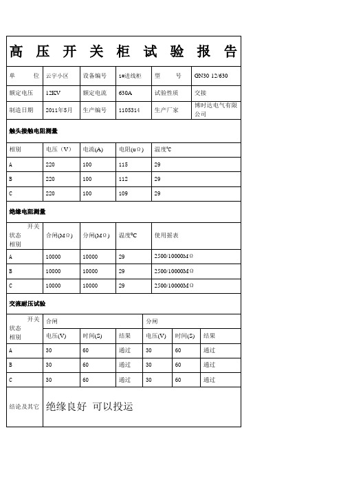 高压开关柜试验报告