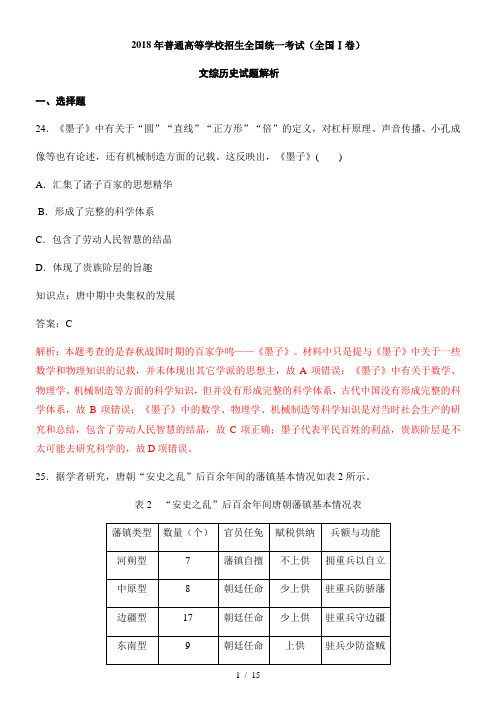 2018年高考新课标全国Ⅰ卷文综历史试题解析版