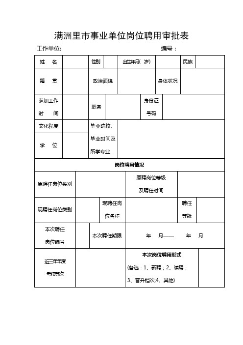 满洲里市事业单位岗位聘用审批表