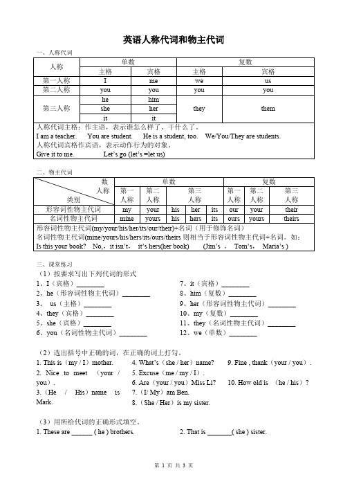 小学英语人称代词和物主代词总结