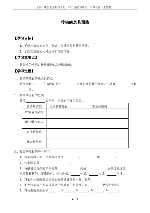 北师大版生物七年级下册：13.2 预防传染病  学案设计(无答案)