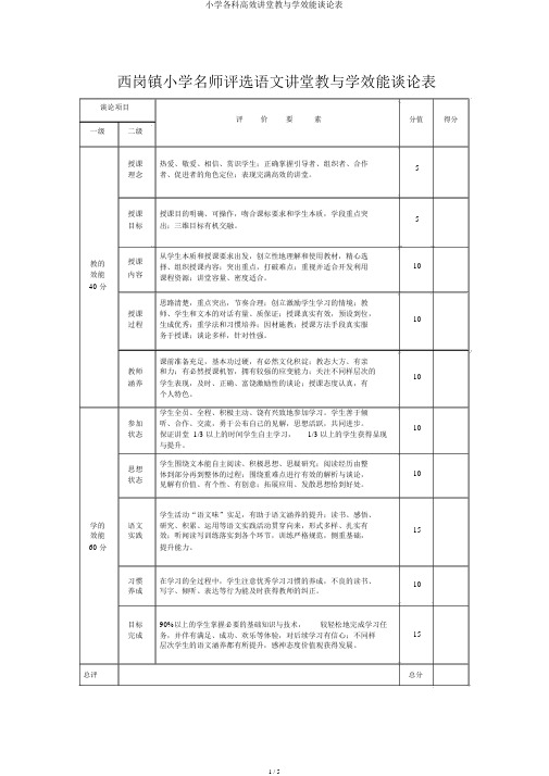 小学各科高效课堂教与学效能评价表