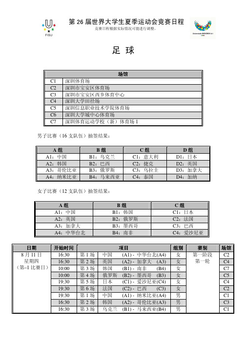 足球 2011第26届世界大运会竞赛日程