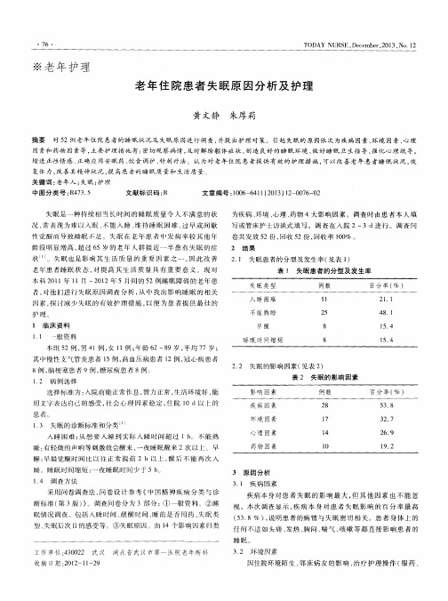 老年住院患者失眠原因分析及护理