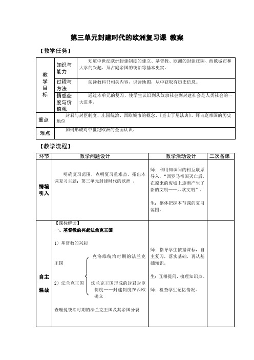 九年级历史上册-第三单元复习《封建时代的欧洲》【教案】